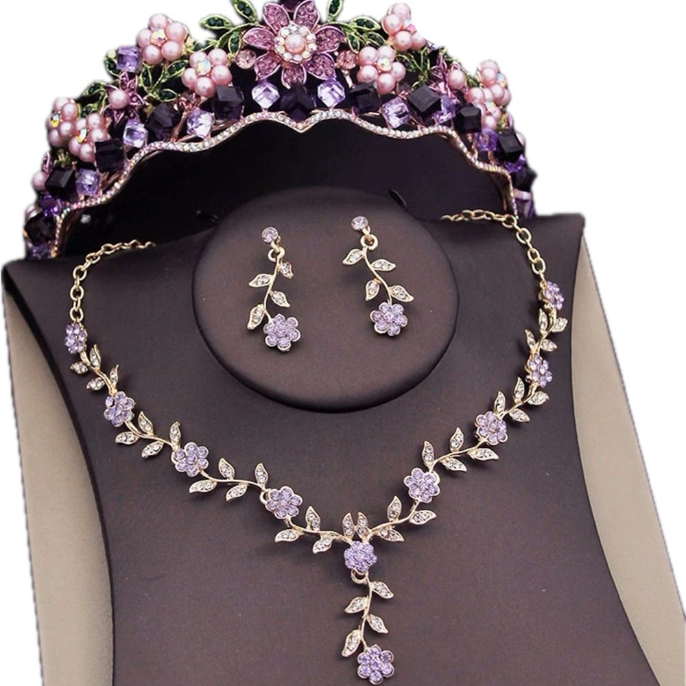 Elegant Purple Floral Necklace and Earring Set